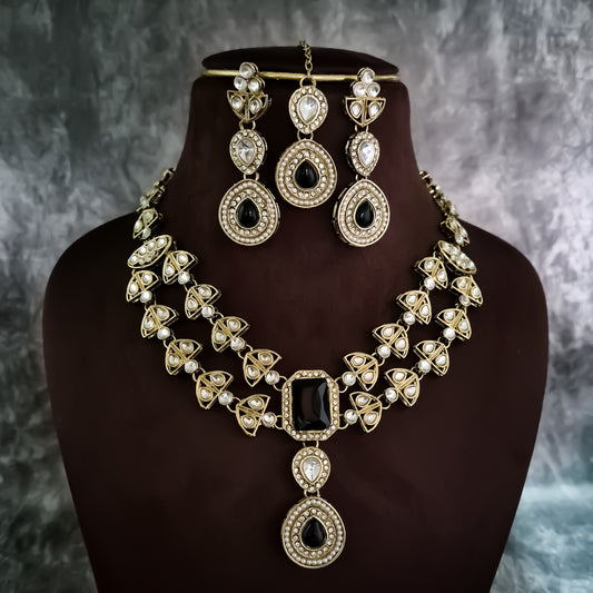 Jennifer Double Layer AD Necklace Set - Black