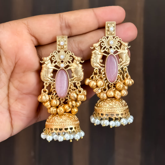 Iravati Premium Golden Brass Jhumka Earrings - Pastel Pink