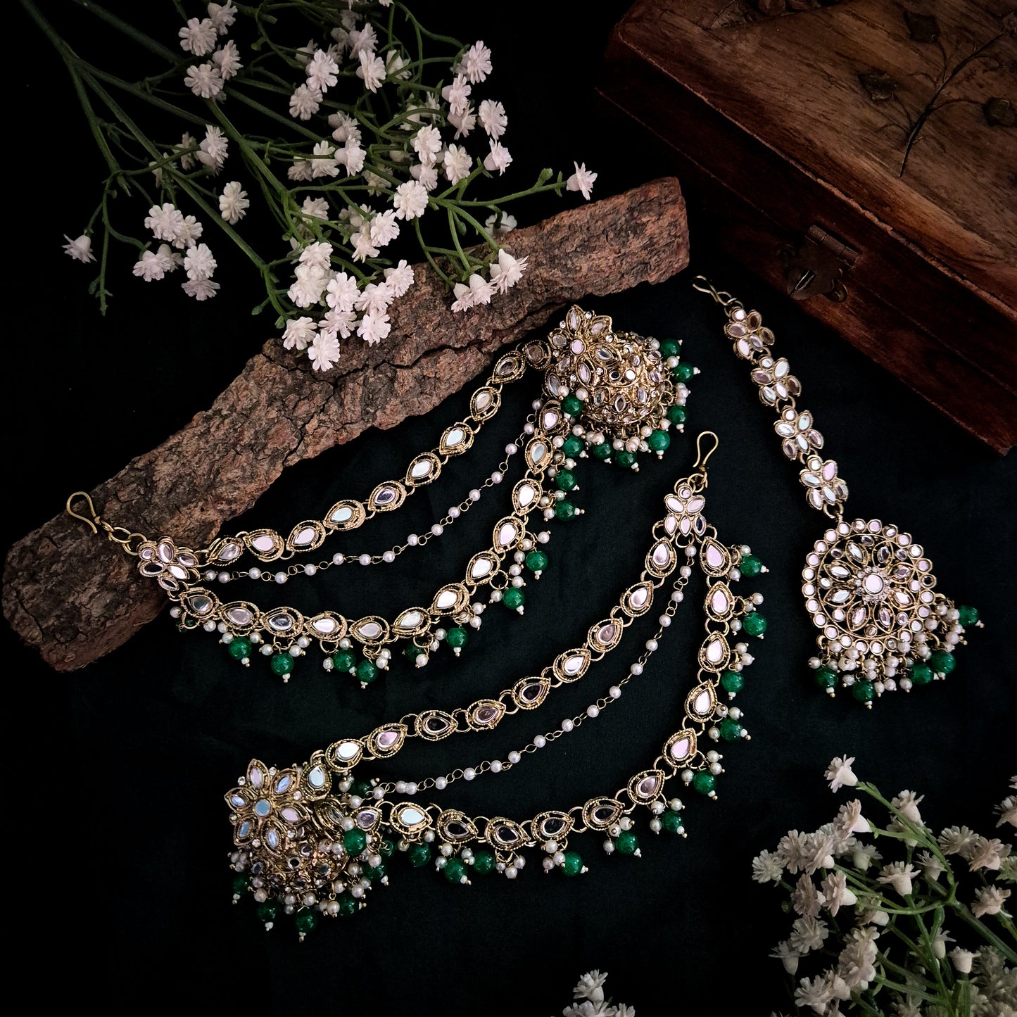 Mehek Mirror Jhumka Earrings with Sahara & Teeka- Green