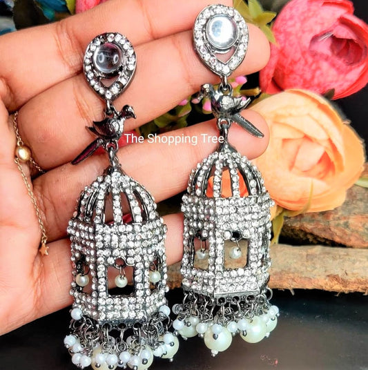 Birdcage Oxidised Black Metal Earrings