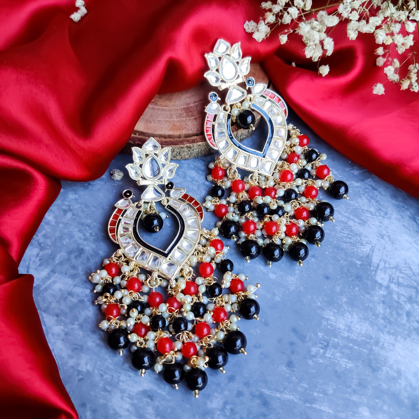 SHANAYA PEARL DROP CHANDBALI EARRINGS - RED & BLACK