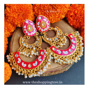 Saras Chandbali Earrings - Hot Pink