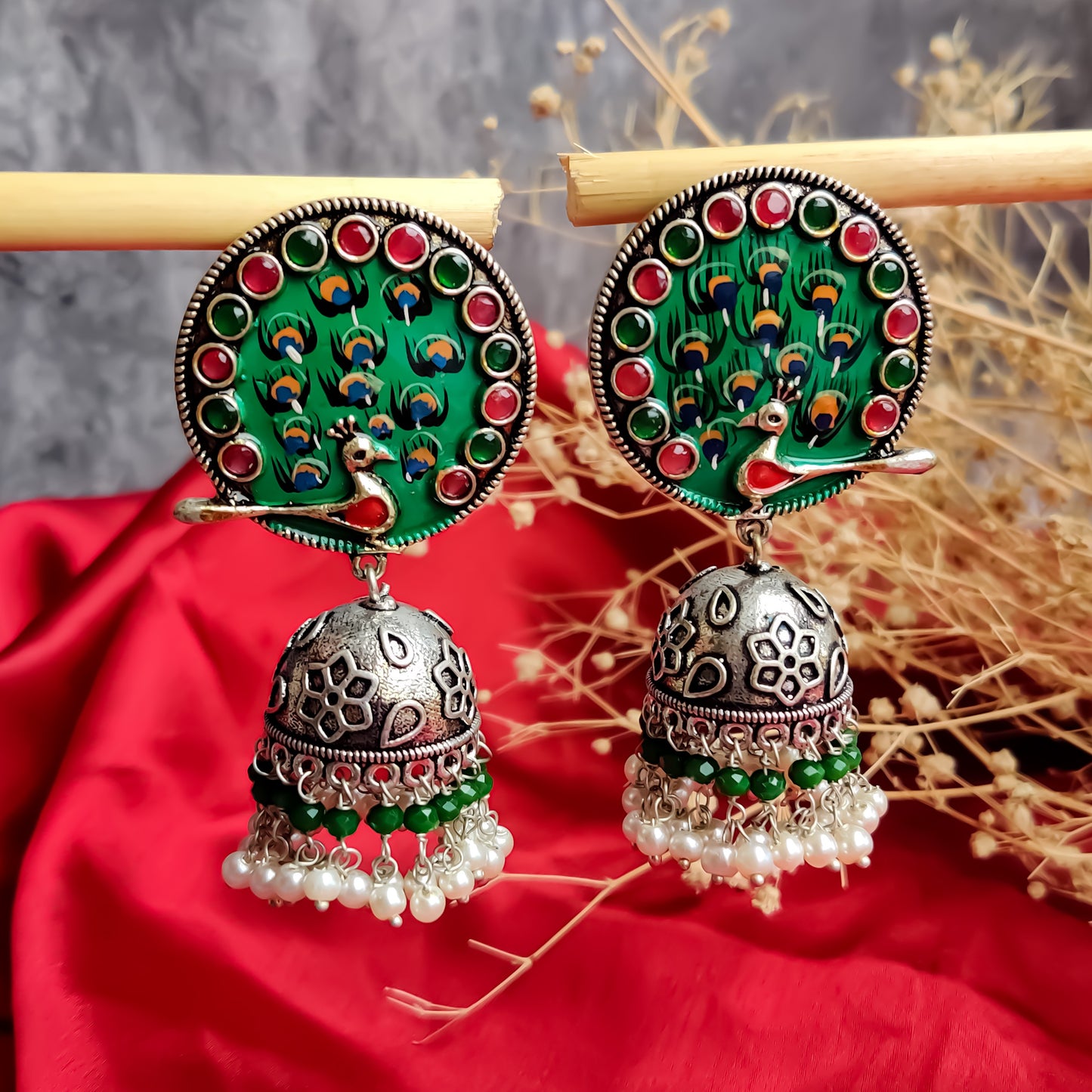 Peacock Zircon Hand-Painted SLA Jhumka Earrings - Green & White