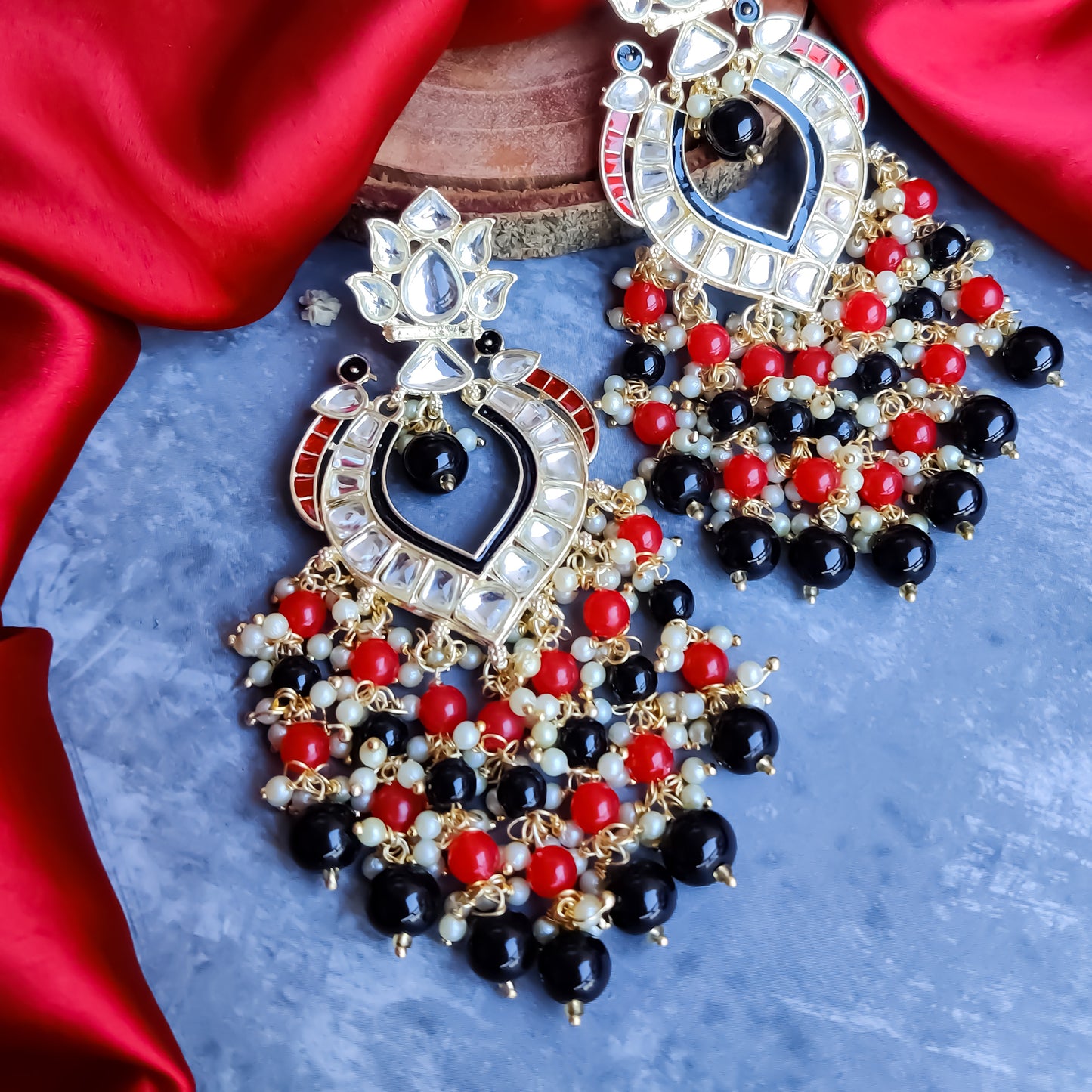 SHANAYA PEARL DROP CHANDBALI EARRINGS - RED & BLACK