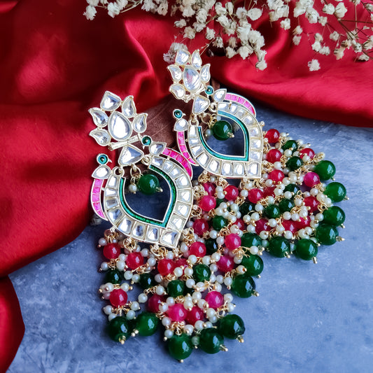 SHANAYA PEARL DROP CHANDBALI EARRINGS - GREEN & PINK