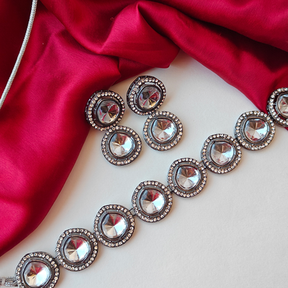 Vipasa Black Metal Polki Look Alike Necklace Set with Earrings