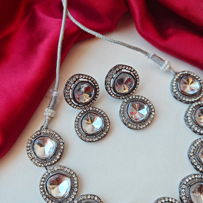Vipasa Black Metal Polki Look Alike Necklace Set with Earrings