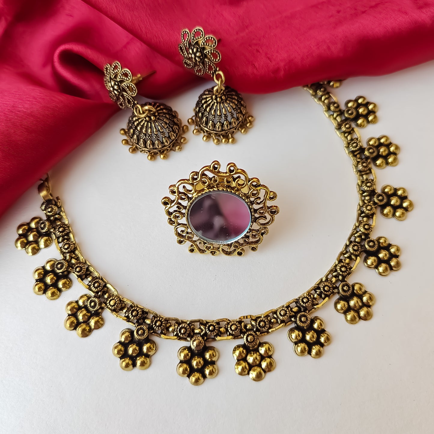 Kiana Golden Necklace Set Combo with Earrings & Adjustable Mirror Ring
