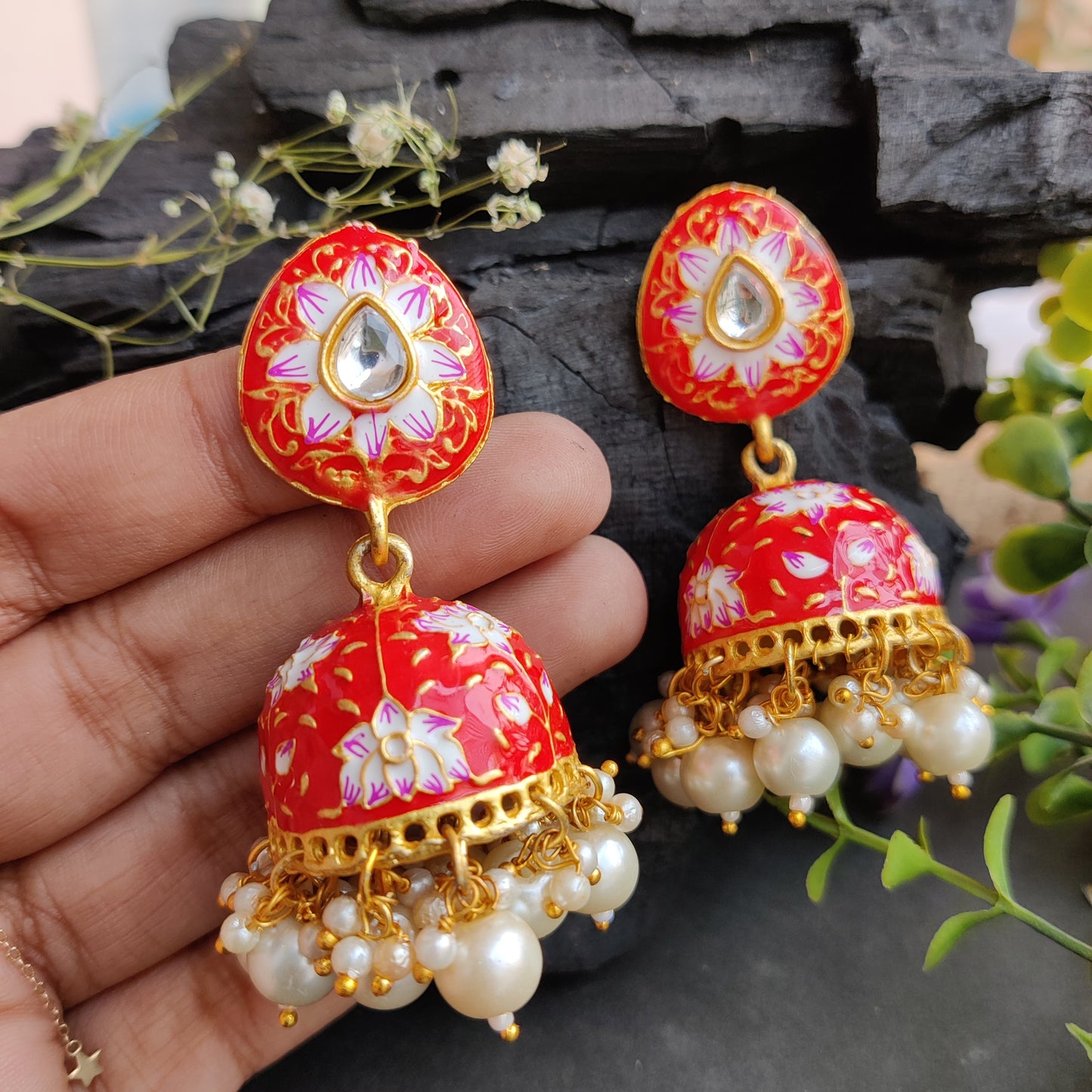 Meenakari Kundan Stud Jhumka Earrings
