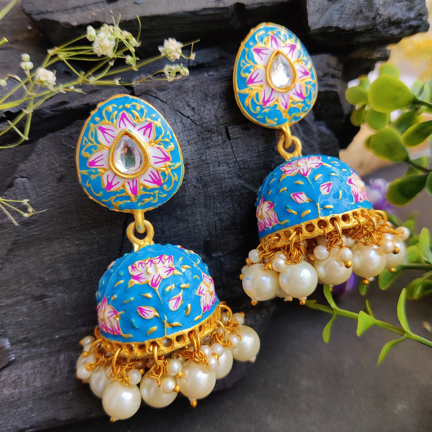 Meenakari Kundan Stud Jhumka Earrings