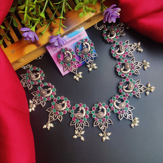 Peacock Dual Meena Brass Necklace Set with Earrings