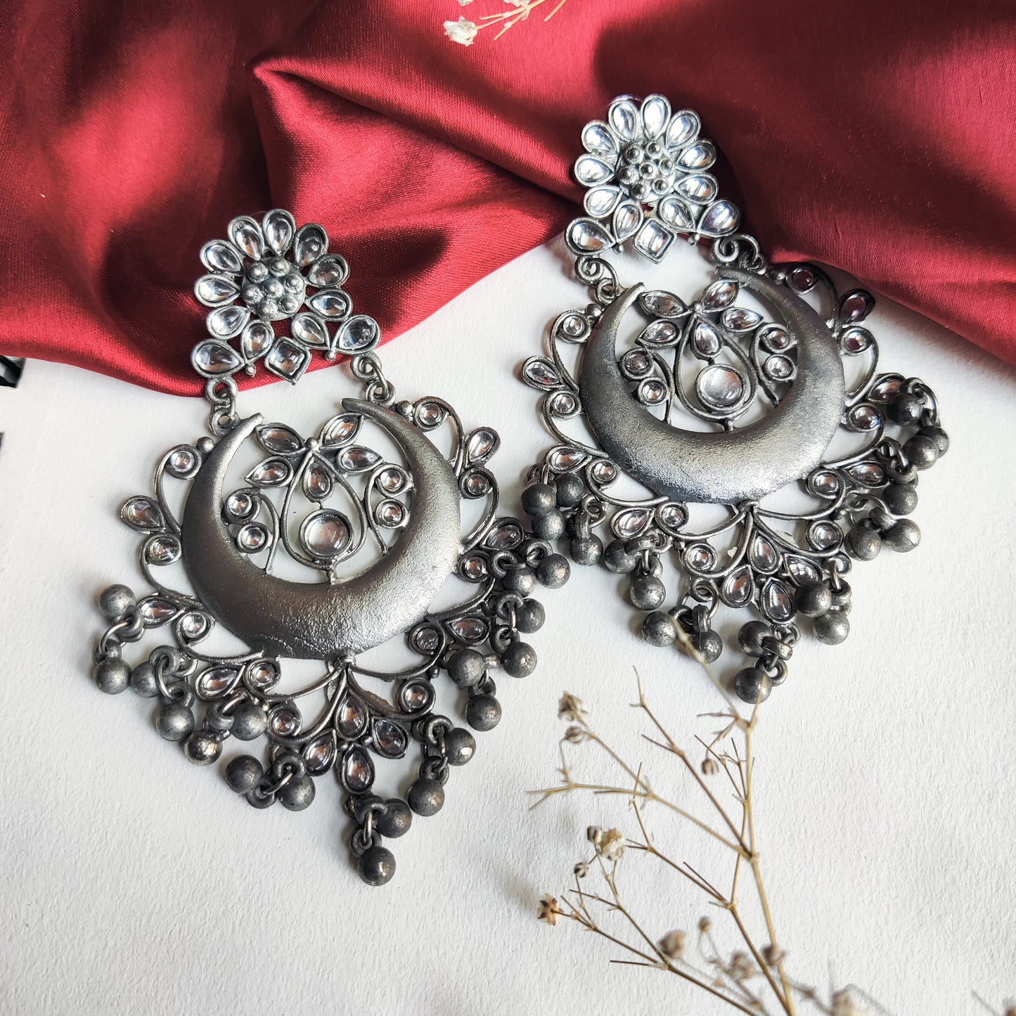 Sunehri Black Metal Chandbali Earrings