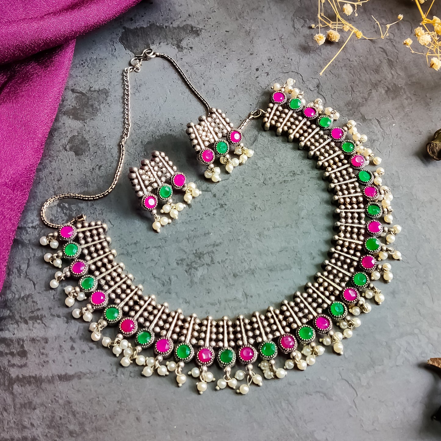 Oxidised Pearl Drop Choker Necklace Set with Earrings - Pink-Green