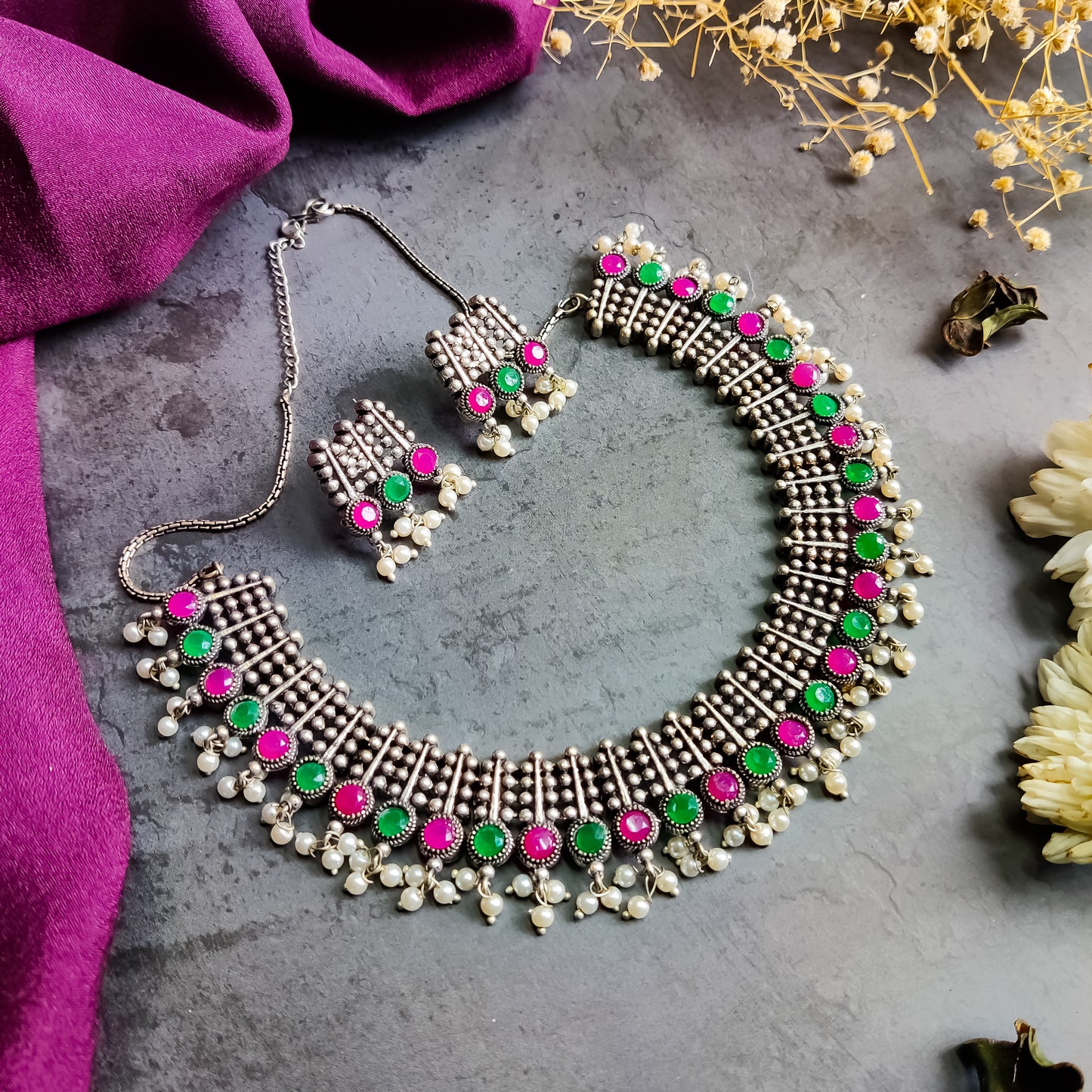 Oxidised Pearl Drop Choker Necklace Set with Earrings - Pink-Green