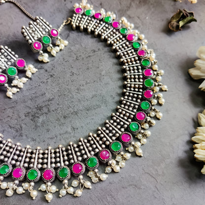 Oxidised Pearl Drop Choker Necklace Set with Earrings - Pink-Green