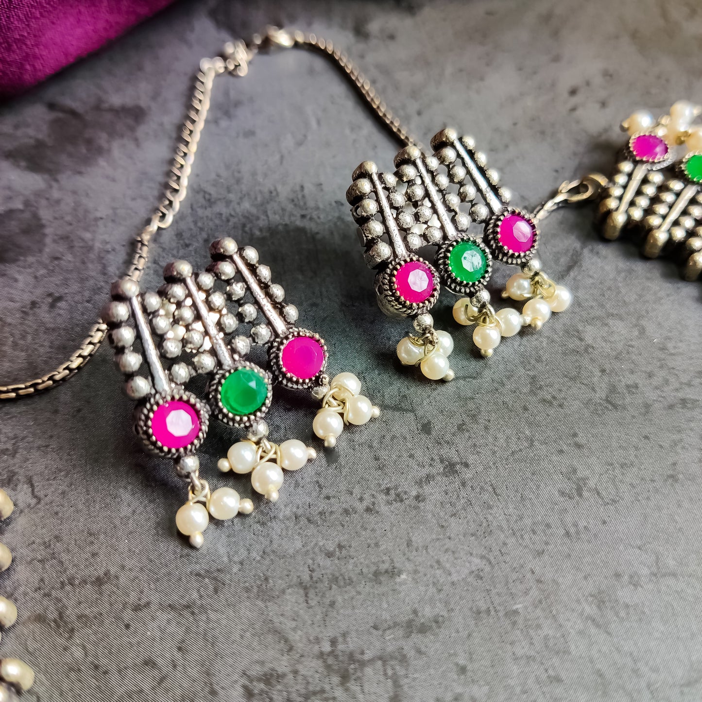 Oxidised Pearl Drop Choker Necklace Set with Earrings - Pink-Green