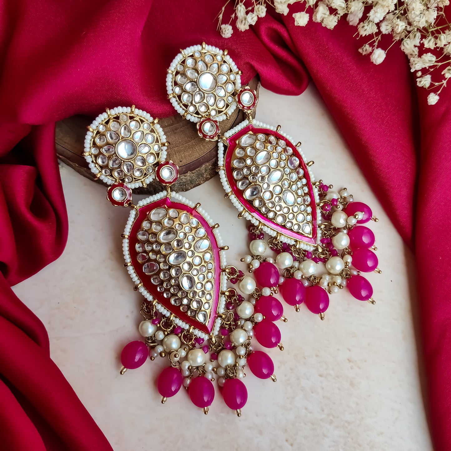 JANNAT PEARL DROP DANGLER EARRINGS - HOT PINK