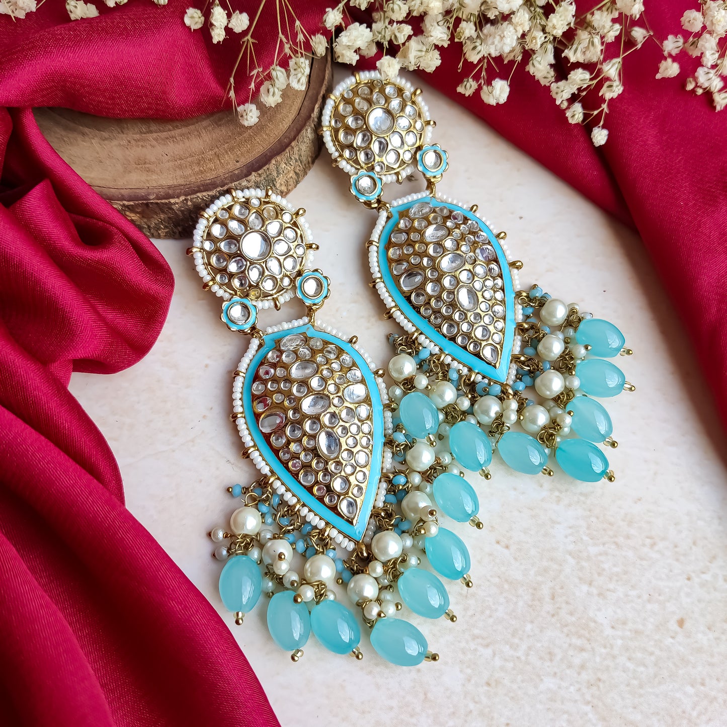 JANNAT PEARL DROP DANGLER EARRINGS - SKY BLUE