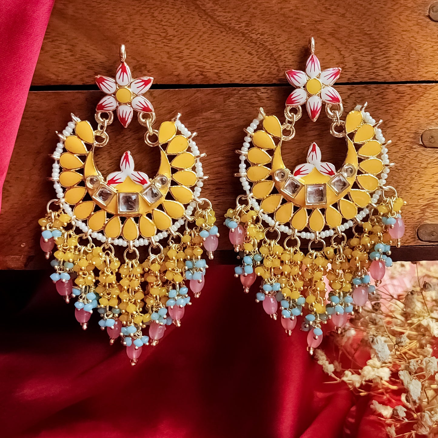 Reet Meenakari Crystal Chandbali Earrings - Yellow