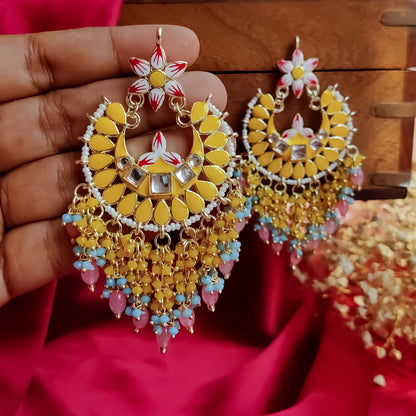 Reet Meenakari Crystal Chandbali Earrings - Yellow