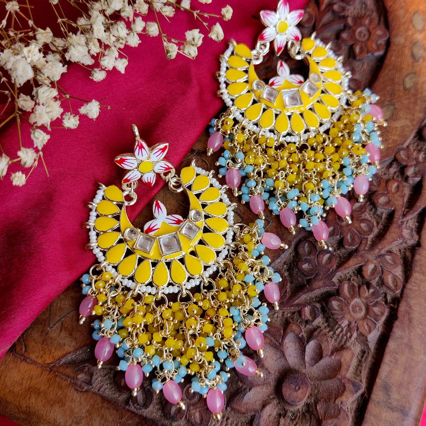 Reet Meenakari Crystal Chandbali Earrings - Yellow