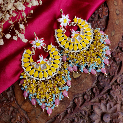 Reet Meenakari Crystal Chandbali Earrings - Yellow