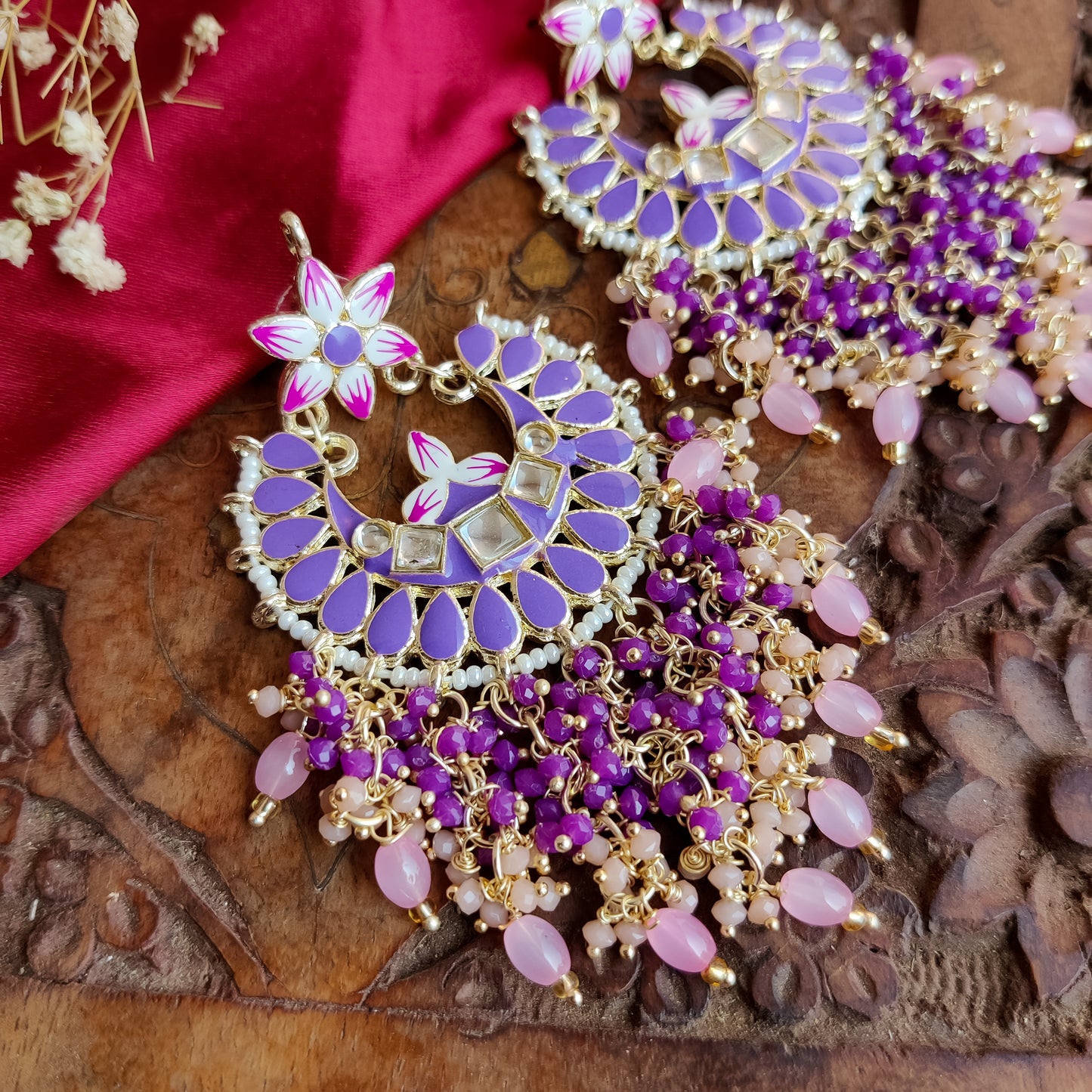 Reet Meenakari Crystal Chandbali Earrings - Purple