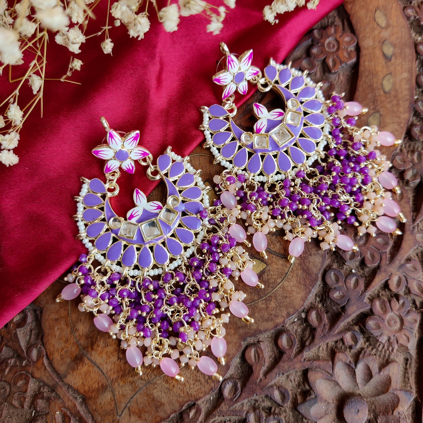 Reet Meenakari Crystal Chandbali Earrings - Purple