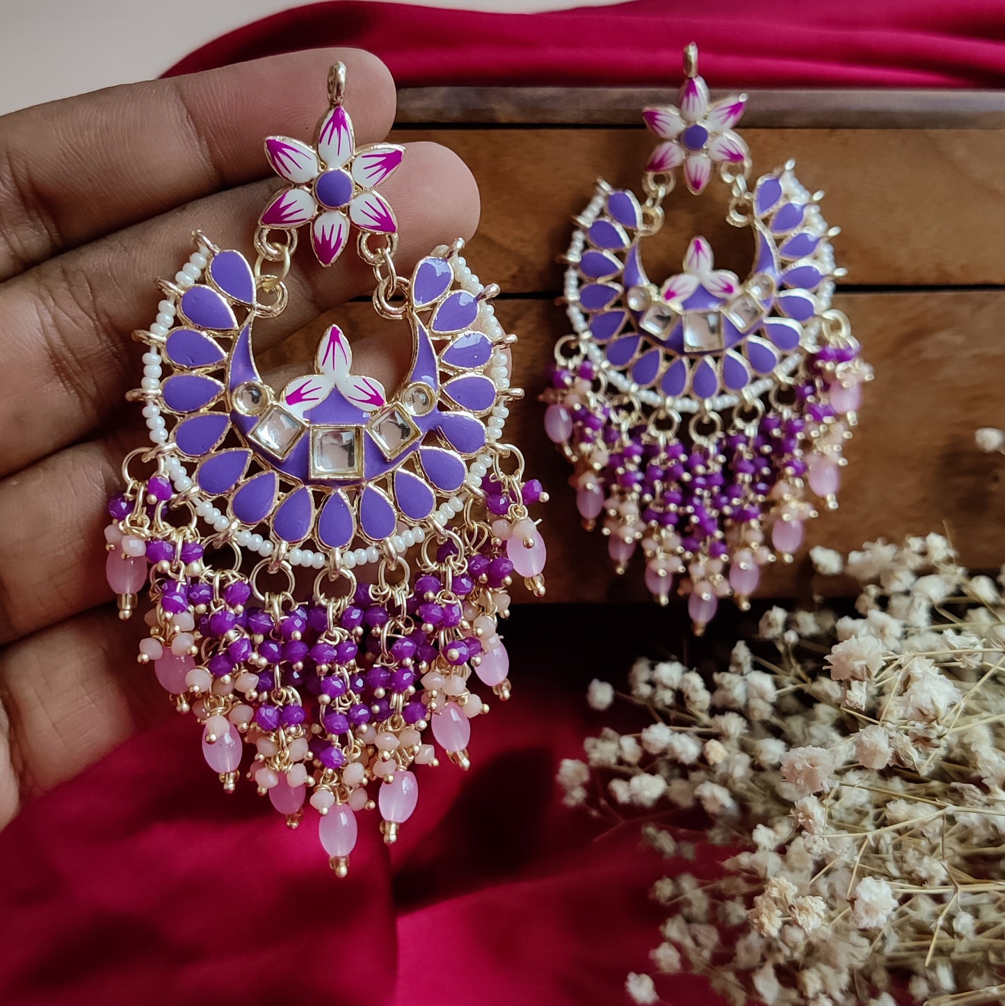 Reet Meenakari Crystal Chandbali Earrings - Purple