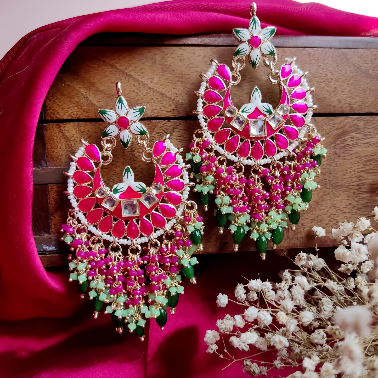 Reet Meenakari Crystal Chandbali Earrings - Hot Pink