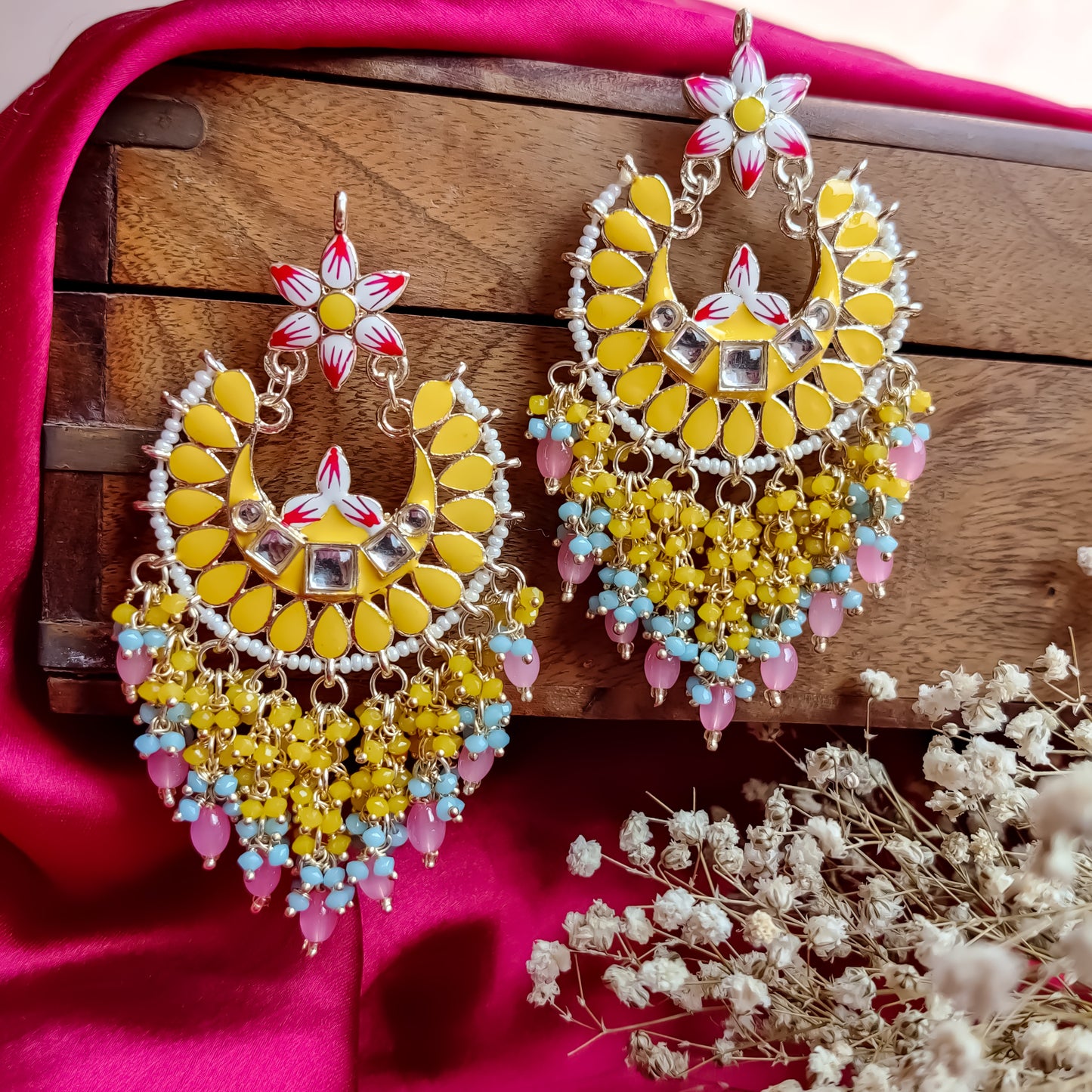 Reet Meenakari Crystal Chandbali Earrings - Yellow