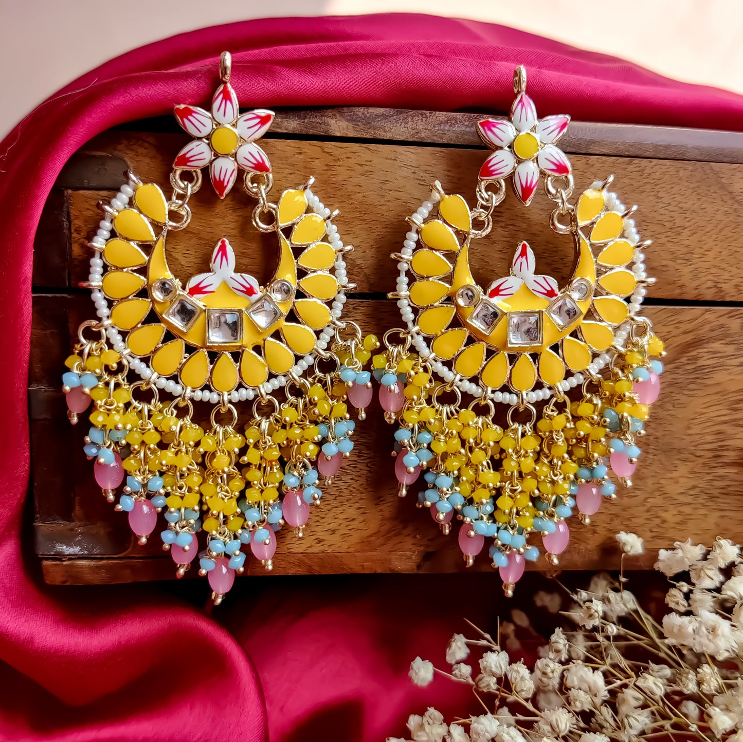 Reet Meenakari Crystal Chandbali Earrings - Yellow