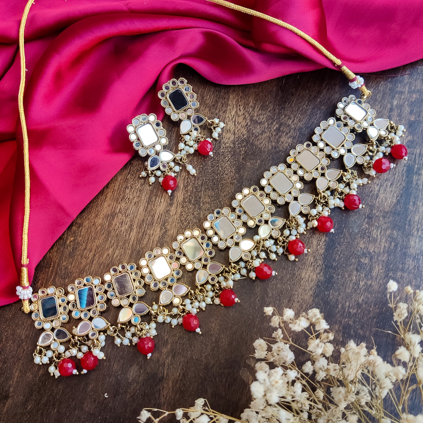 Nitika Miirror Necklace Set with Earrings - Red