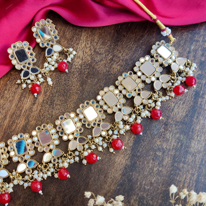 Nitika Miirror Necklace Set with Earrings - Red