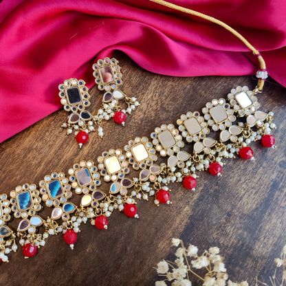 Nitika Miirror Necklace Set with Earrings - Red