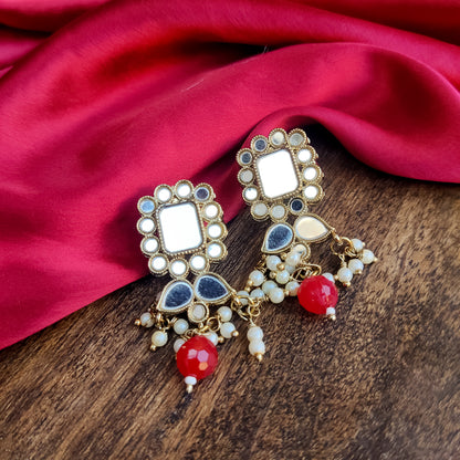 Nitika Miirror Necklace Set with Earrings - Red
