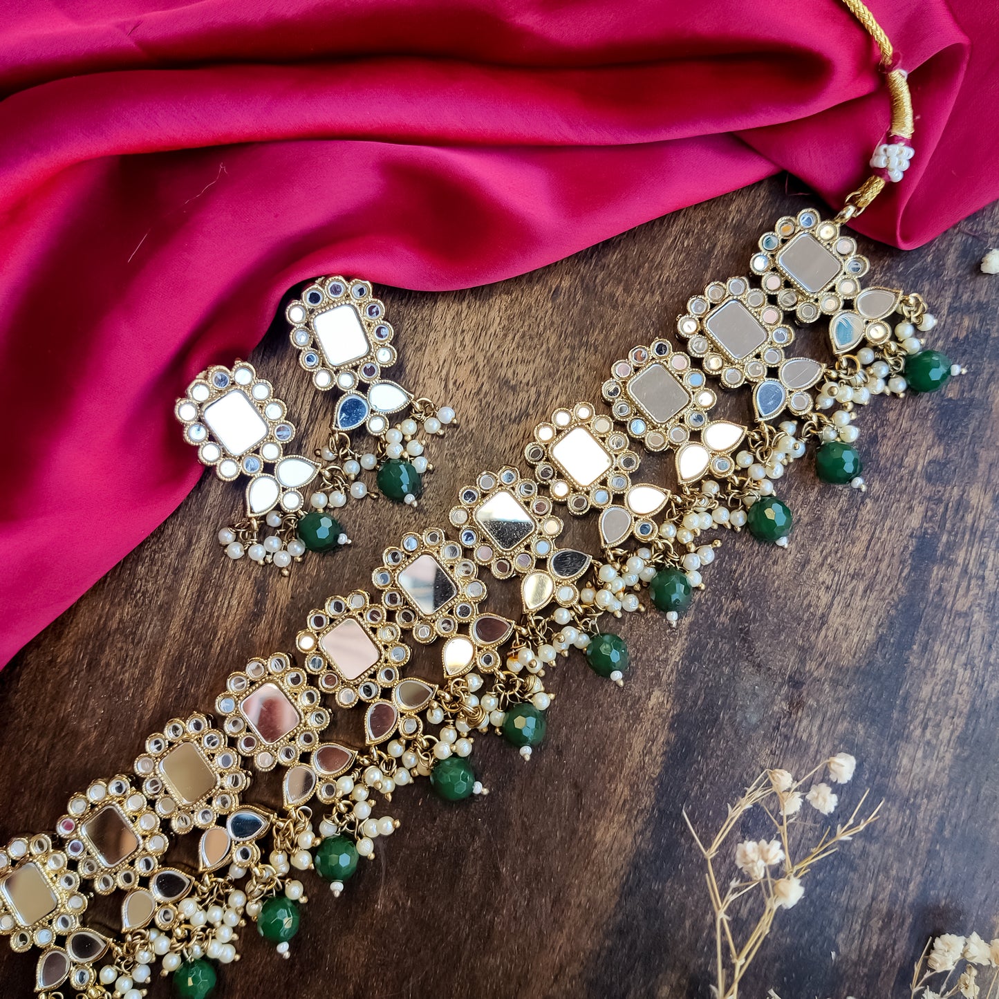 Nitika Miirror Necklace Set with Earrings - Green