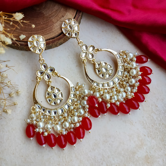 Arya Pearl Drop Chandbali Earrings - Red