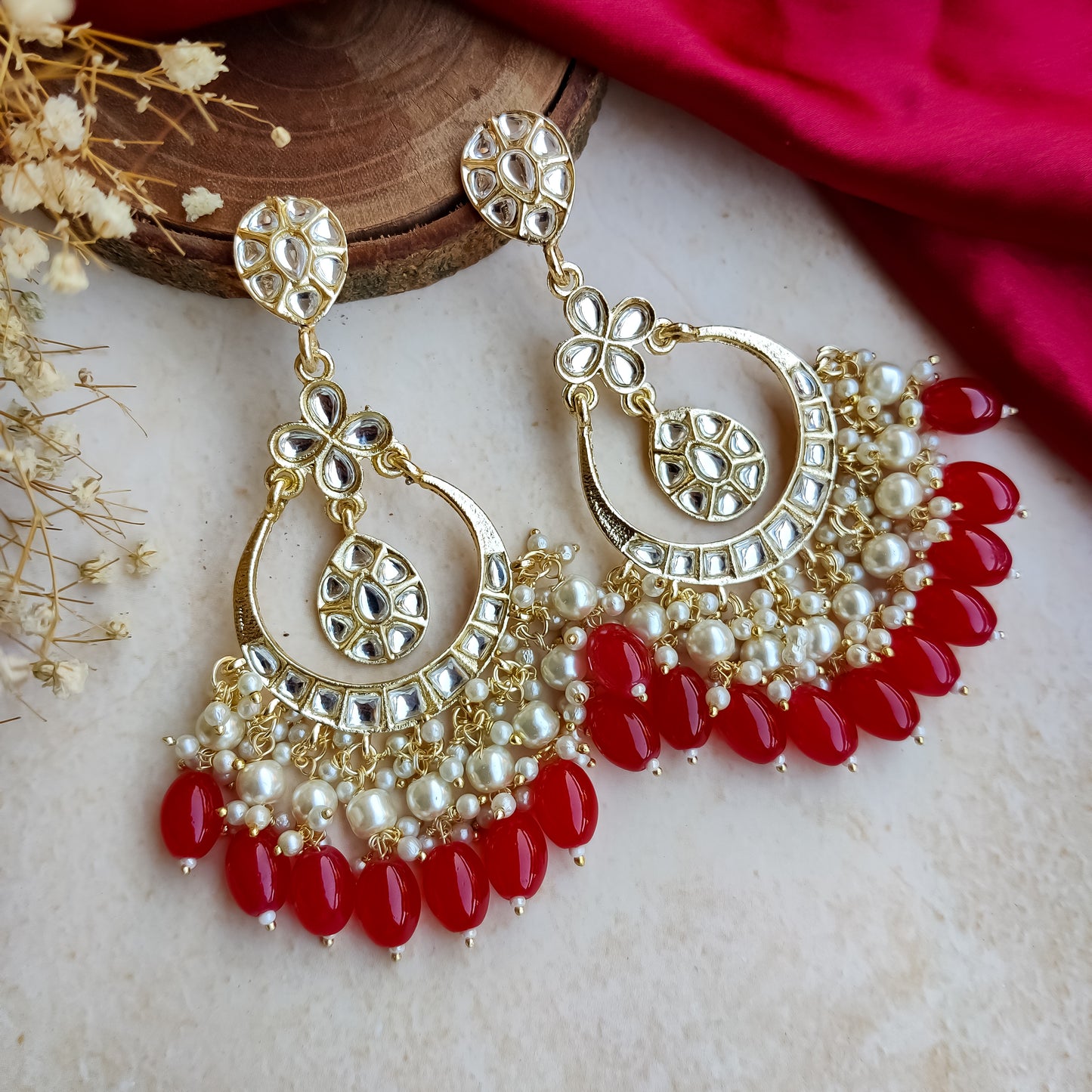 Arya Pearl Drop Chandbali Earrings - Red