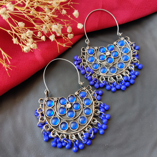 Oxidised Hanging Chandbali Earring - Blue