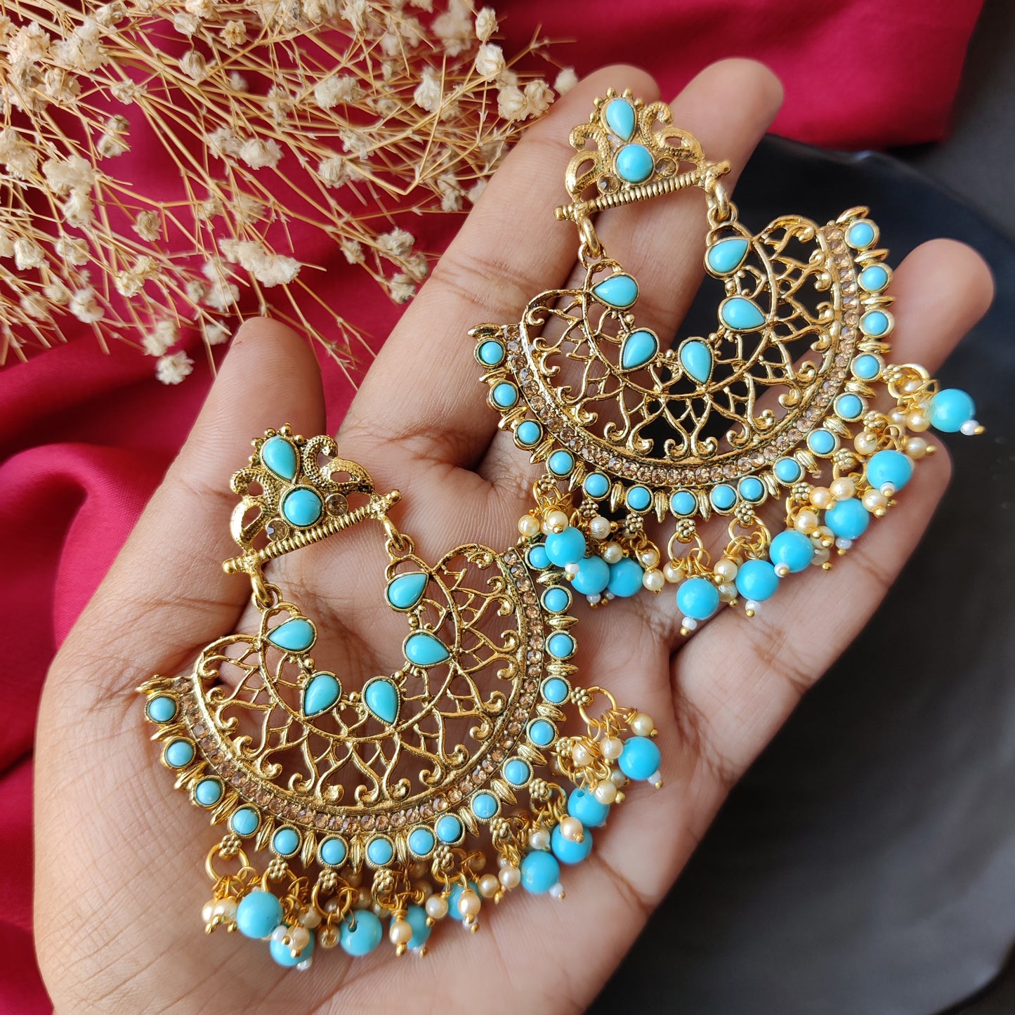 GOLDEN CHANDBALI EARRINGS - SKY BLUE