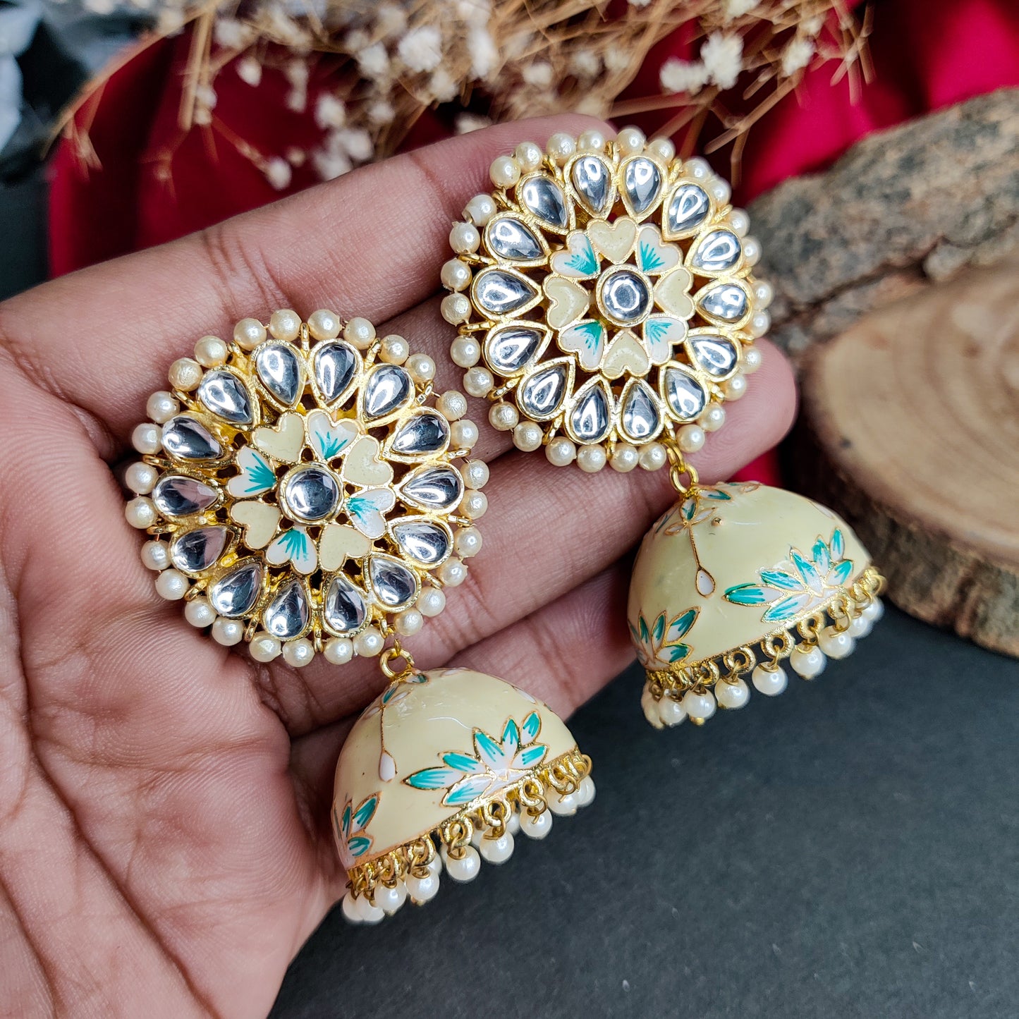 MEENAKARI JHUMKA EARRINGS - OFF YELLOW