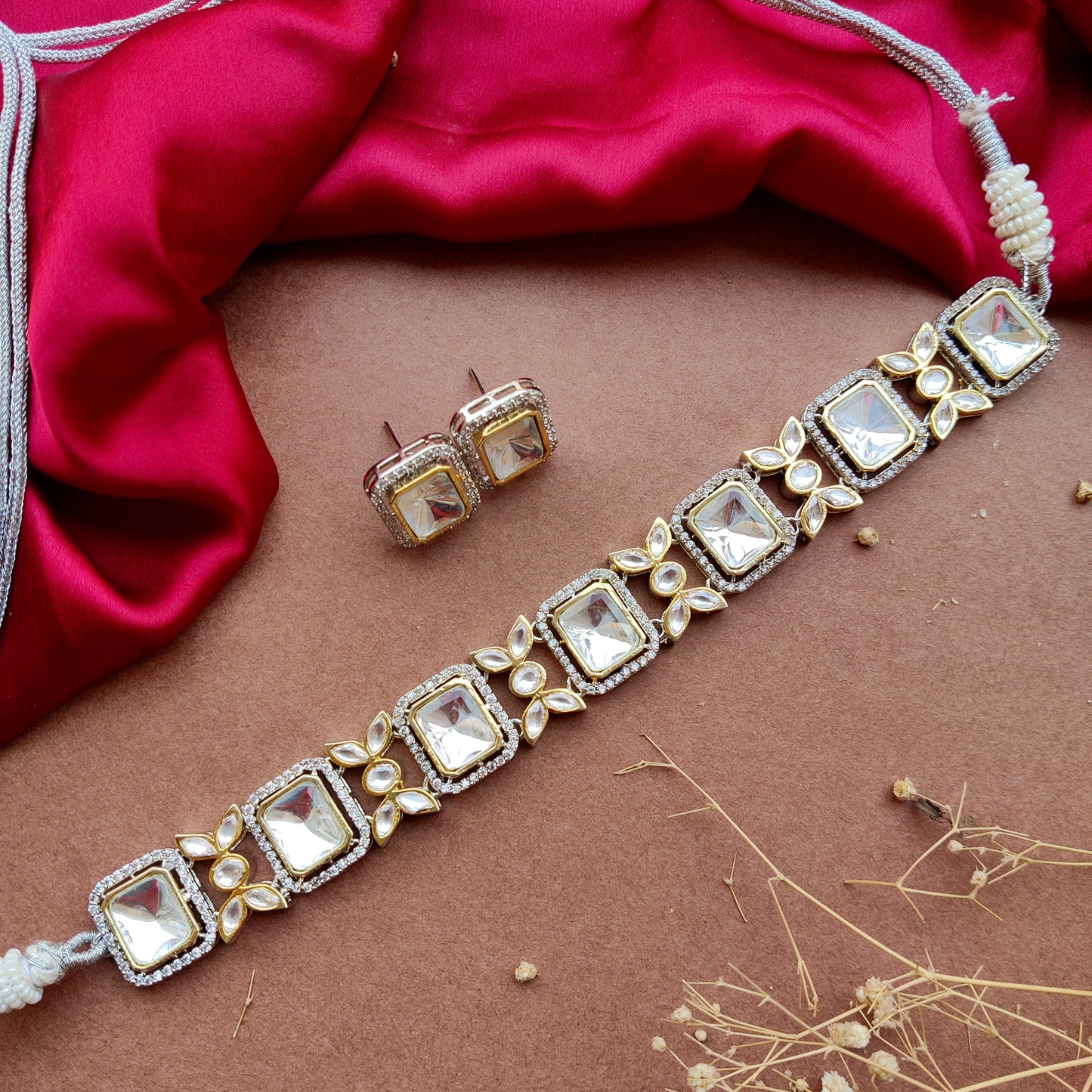 Soma Square Uncut AD Polki Choker Necklace Set with Earrings