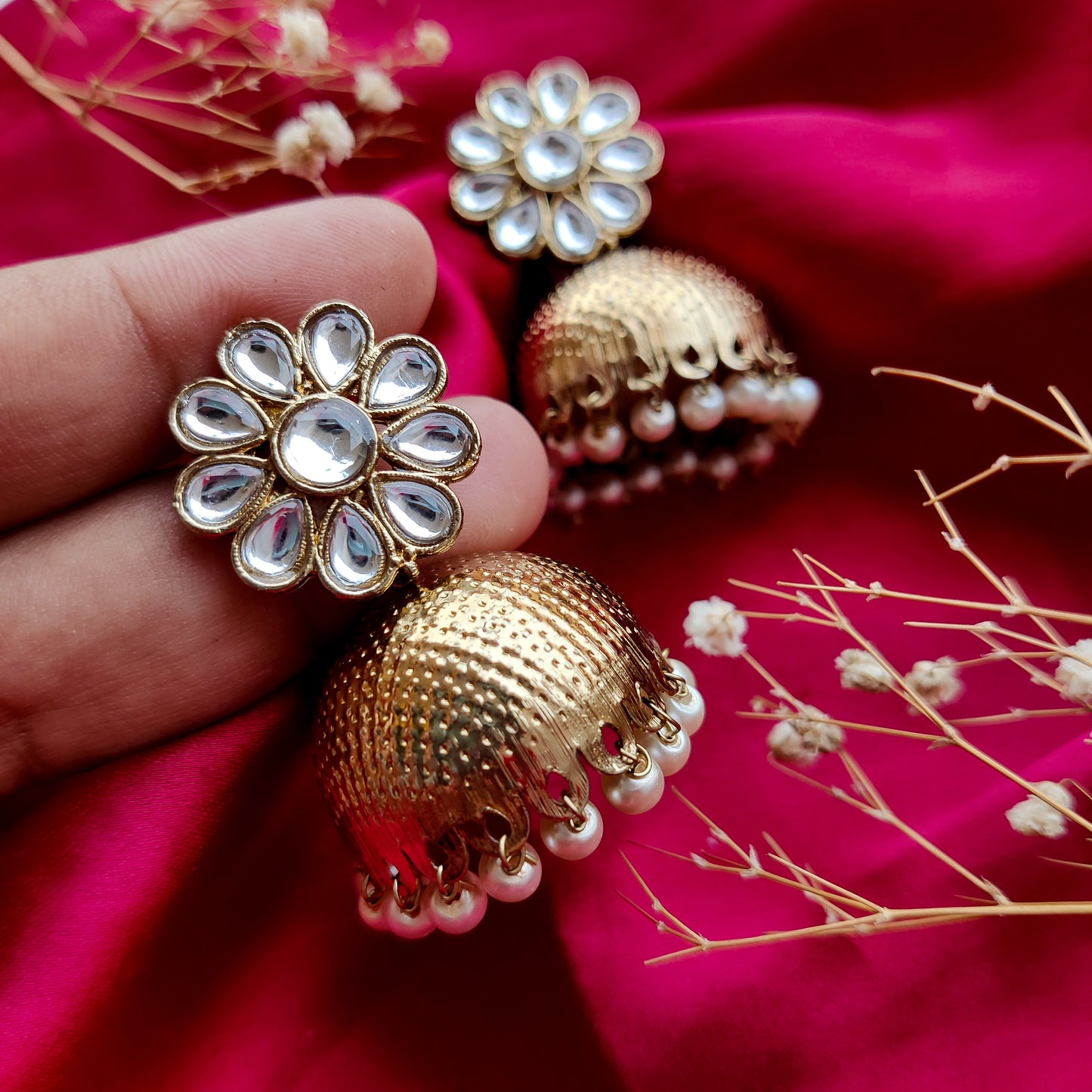 Kumud Mehndi Golden Kundan Jhumka Earrings