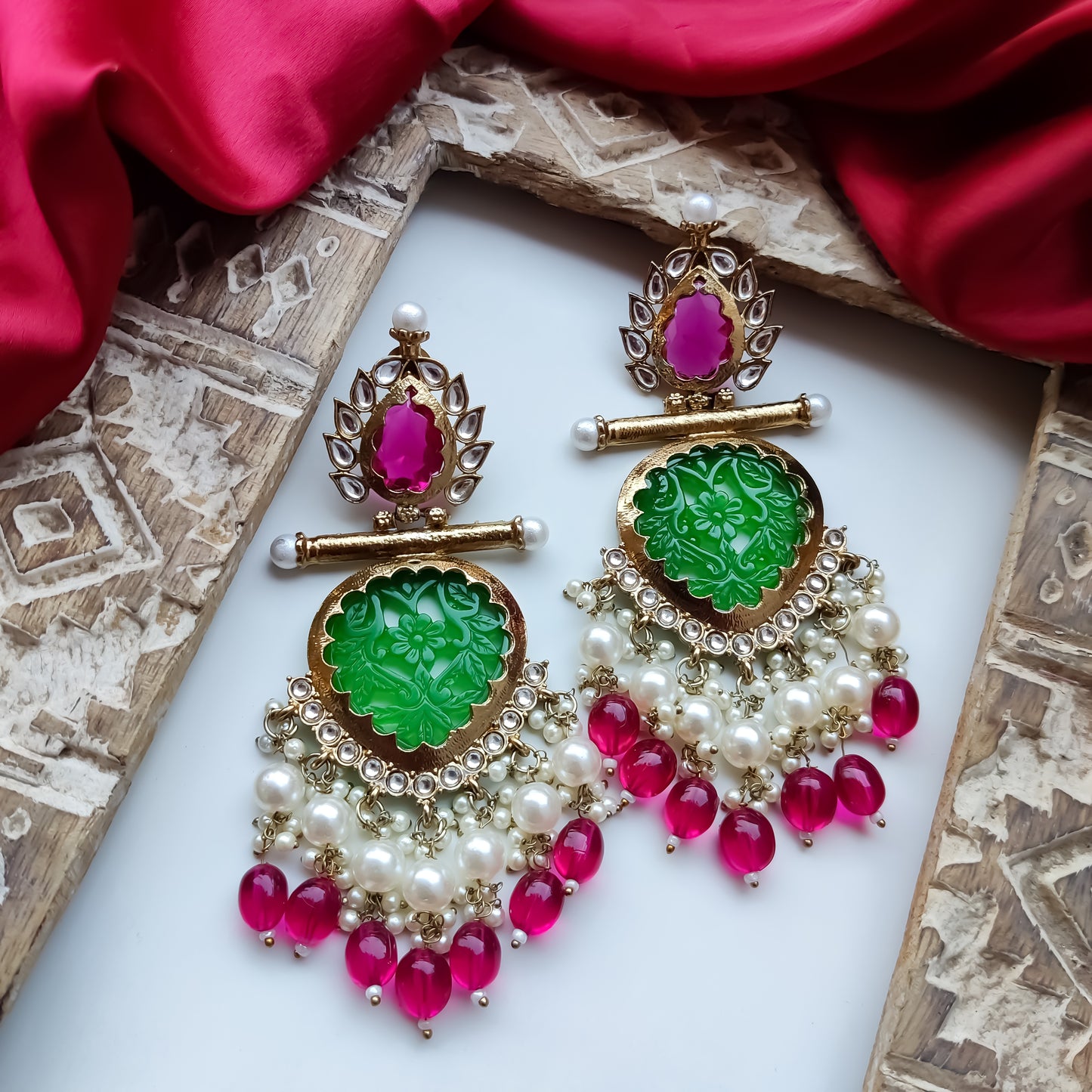 Shagun Cutwork Chandbali Earrings - Pink Pearls