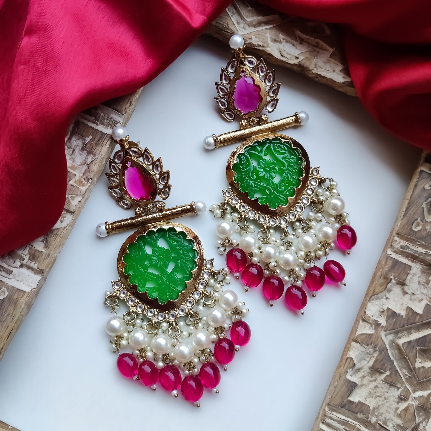 Shagun Cutwork Chandbali Earrings - Pink Pearls