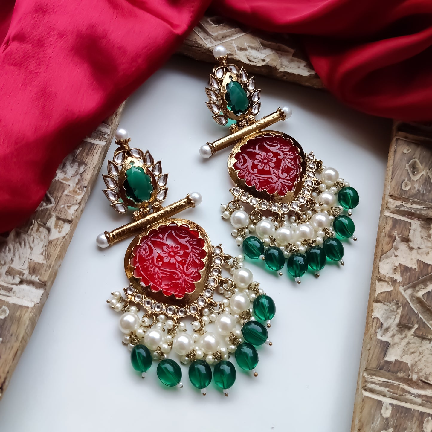 Shagun Cutwork Chandbali Earrings - Green Pearls