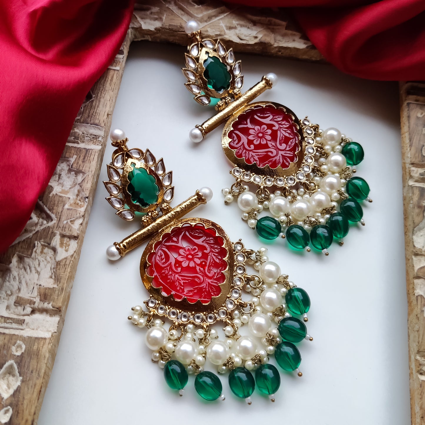 Shagun Cutwork Chandbali Earrings - Green Pearls