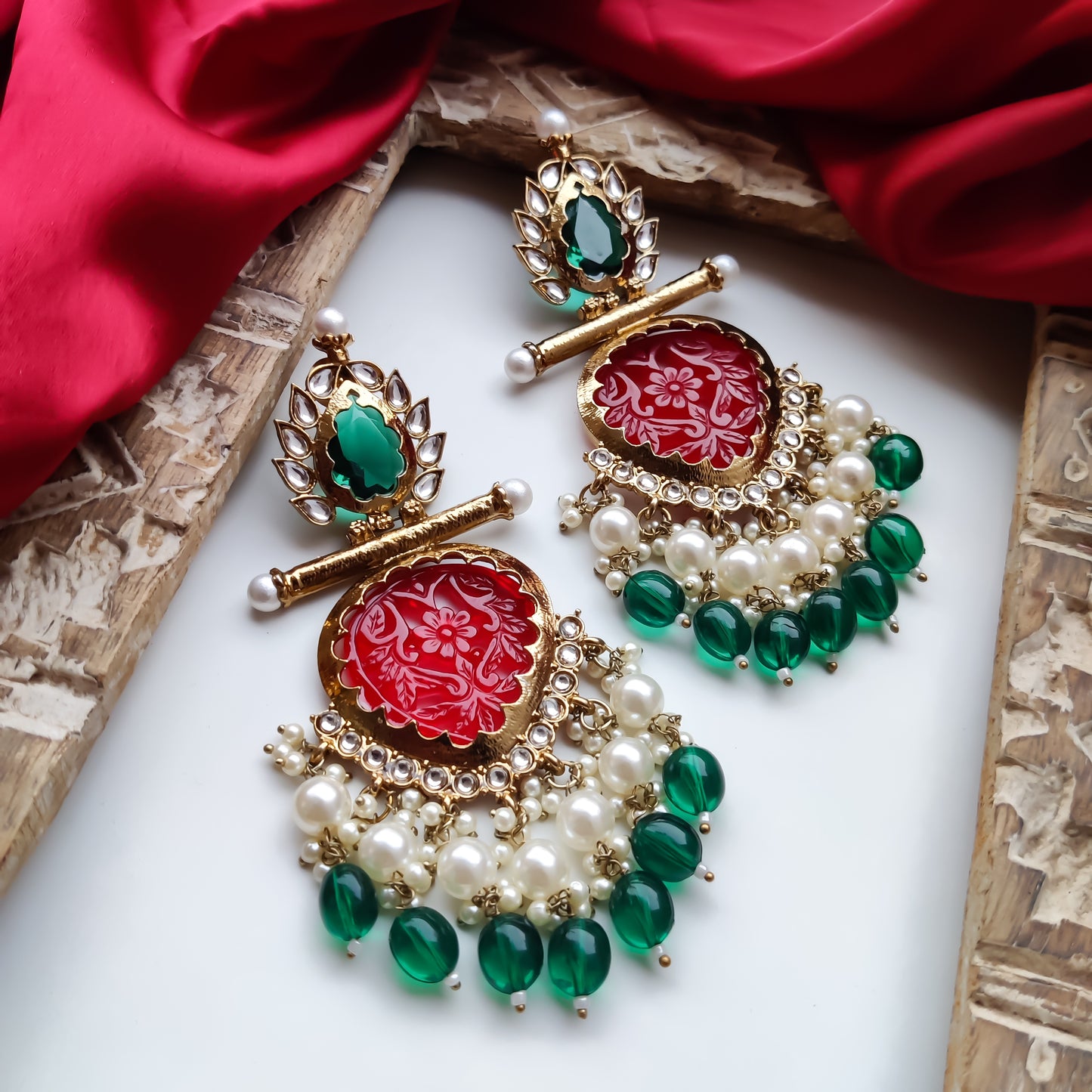 Shagun Cutwork Chandbali Earrings - Green Pearls