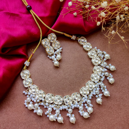 Saheen Golden Kundan Pearl Necklace Set with Earrings